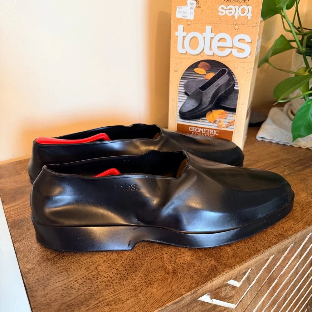 Totes Geometric Loafers Men Large Black Waterproof Rubber Overshoes Galoshes USA